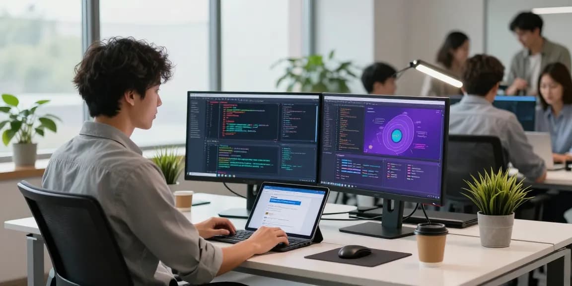 Young professional engaged with WPS Download at a modern workspace.