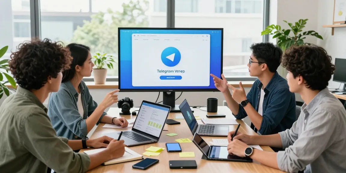 Team collaborating in a modern office showcasing the Telegram Web Version interface and innovative tech applications.
