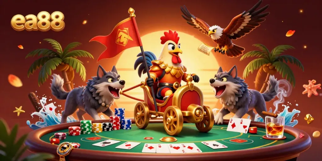 Experience thrilling moments with ea88, featuring a rooster warlord in a casino setting.