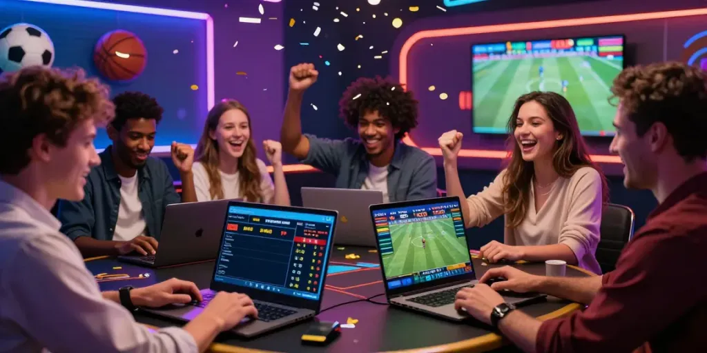 Enthusiastic players engaging in online betting at UK88 with vibrant atmosphere.