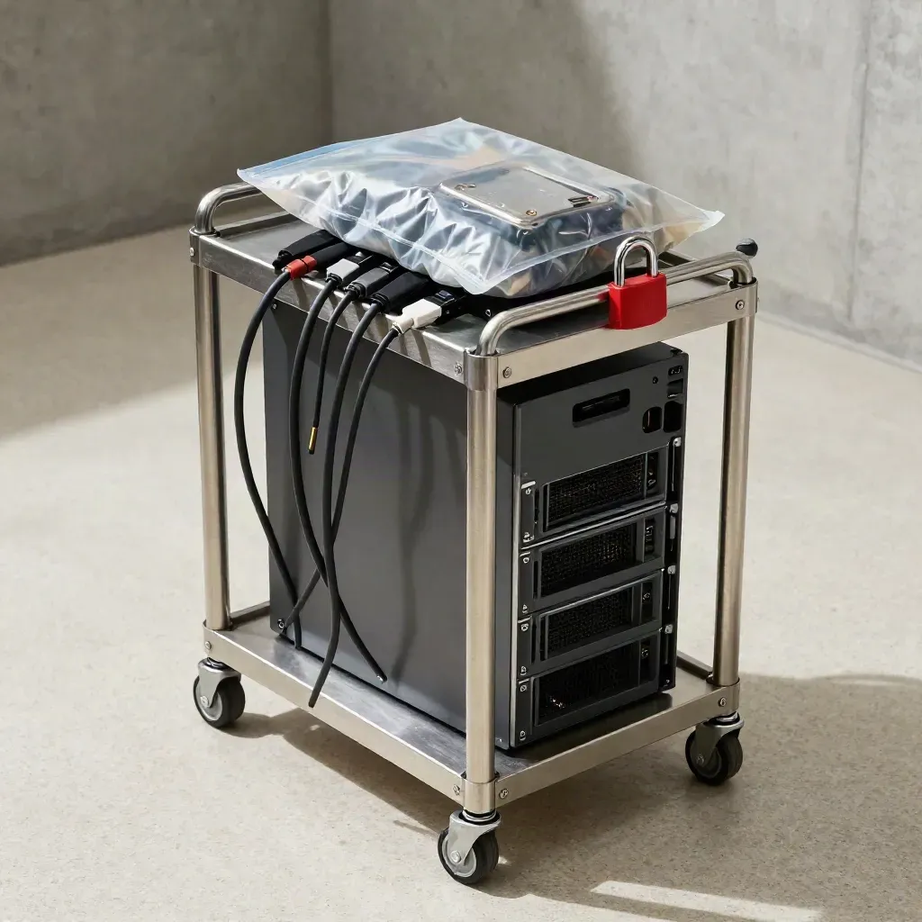 Quarantined workstation tower on a cart with cables, evidence bag, and red lock