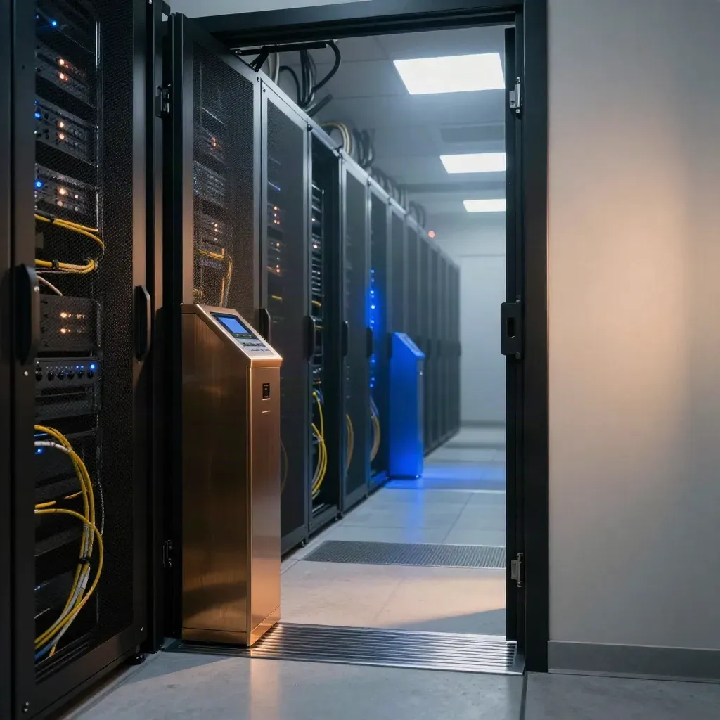 Server corridor with locked racks, blue cabinet glow, and bronze access pedestal in winter haze.