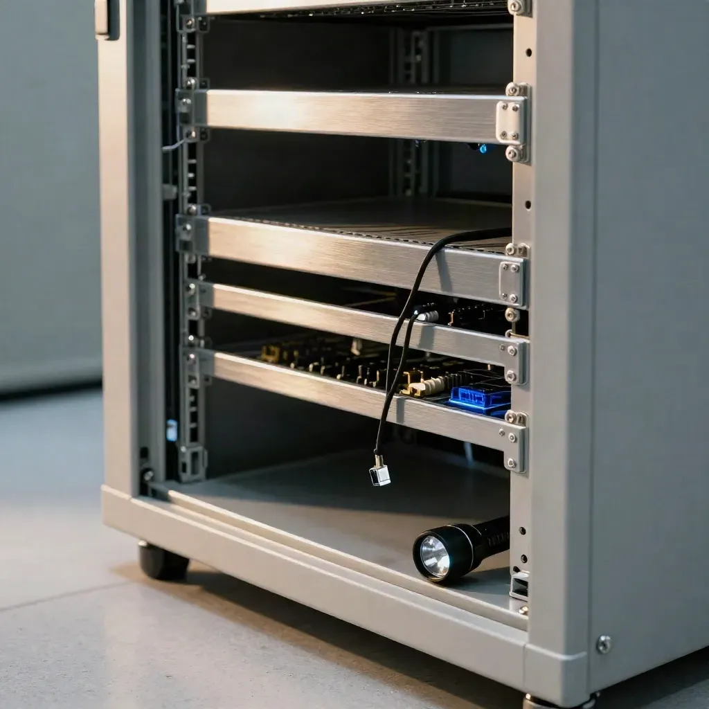 Open server rack with a loose patch lead, flashlight, and locked side panel under inspection light.
