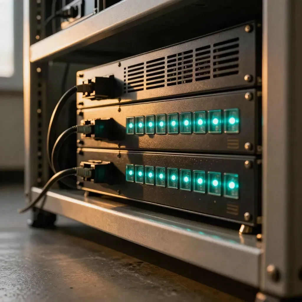 Macro of glowing server LEDs behind smoked glass in a quiet comms closet.