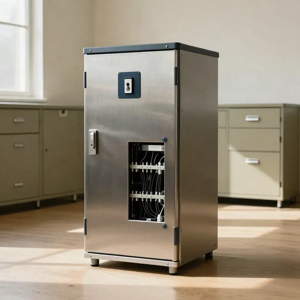 Locked compliance cabinet with seals, access reader and neat cabling in a bright office