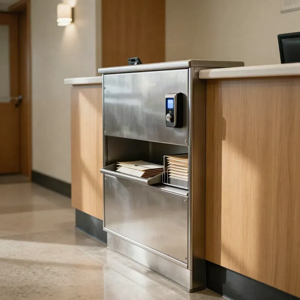 Secure mail station with locked tray, badge reader, and quarantined envelopes in a law firm corridor.