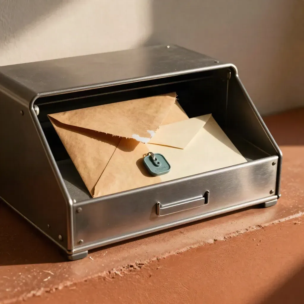 Mail tray with torn and sealed envelopes beside a muted training token in warm light.