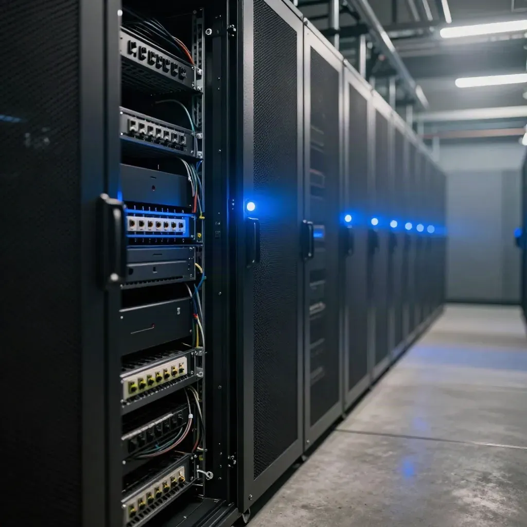 Server-room aisle with glowing alert beacon and repeating rack lights in cool haze.