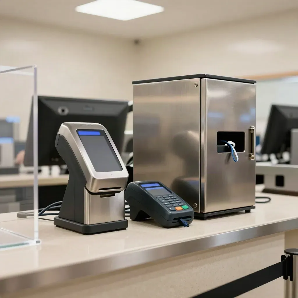 Secure checkout terminals with tamper seals and a locked gateway box on a retail counter