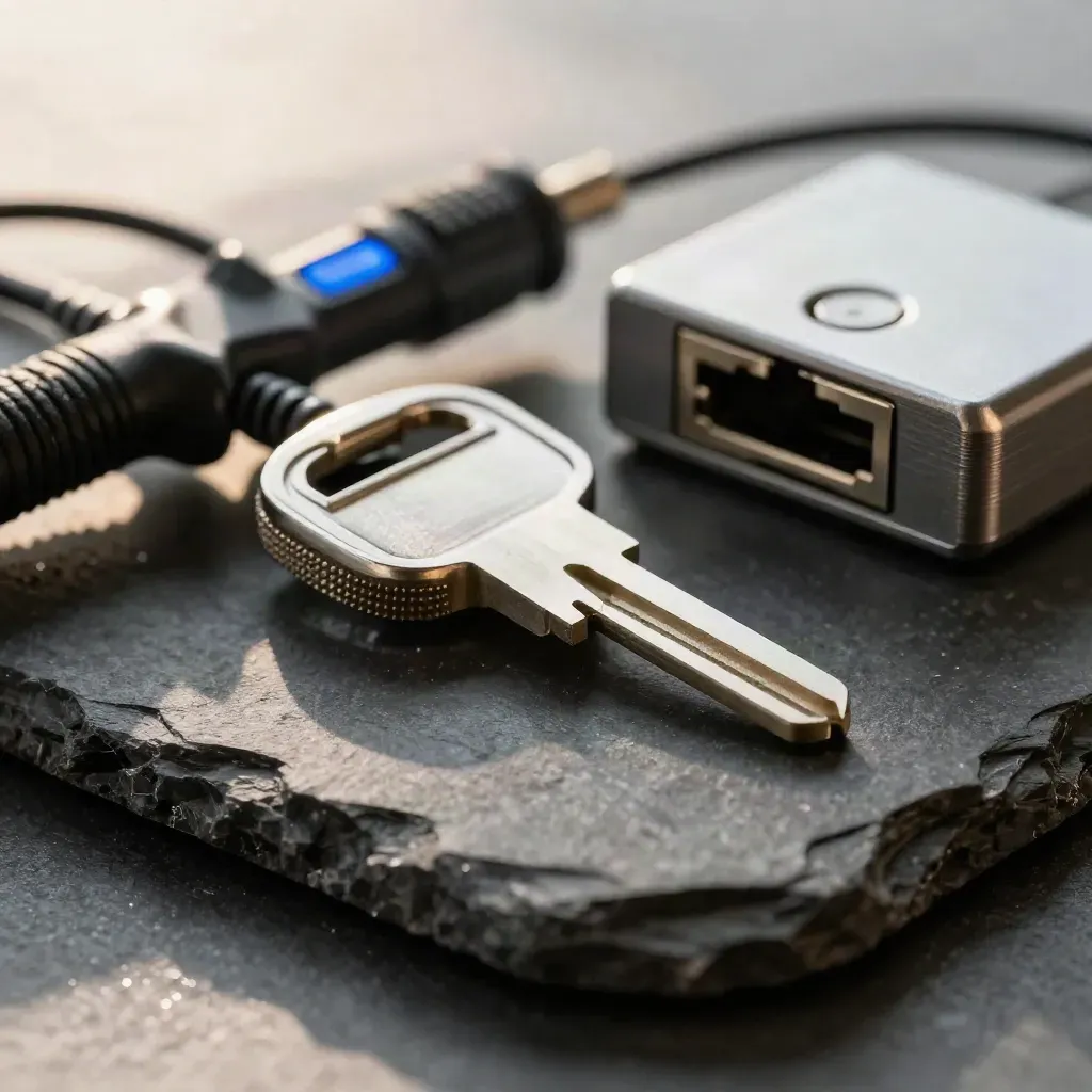 Macro security tools on dark stone: key, tester, network tap and token case with blue highlight.