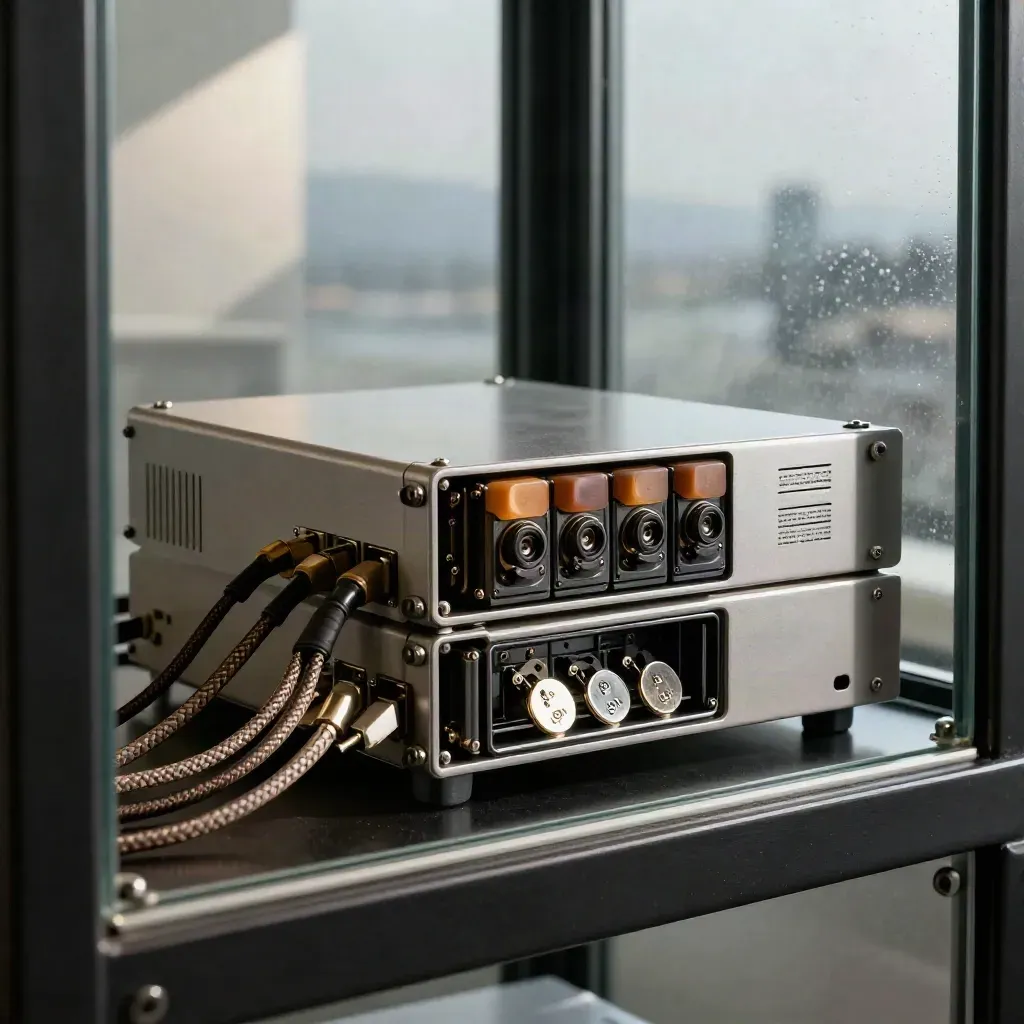 Sealed backup drives and a cloud gateway behind glass in a secure IT nook.