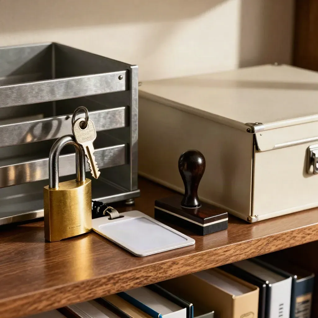 Brass lock cylinder and compliance tools on a walnut archive shelf in dramatic light.