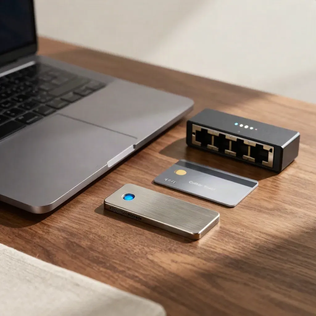 Closed laptop, hardware token, keycard and network switch on a walnut desk
