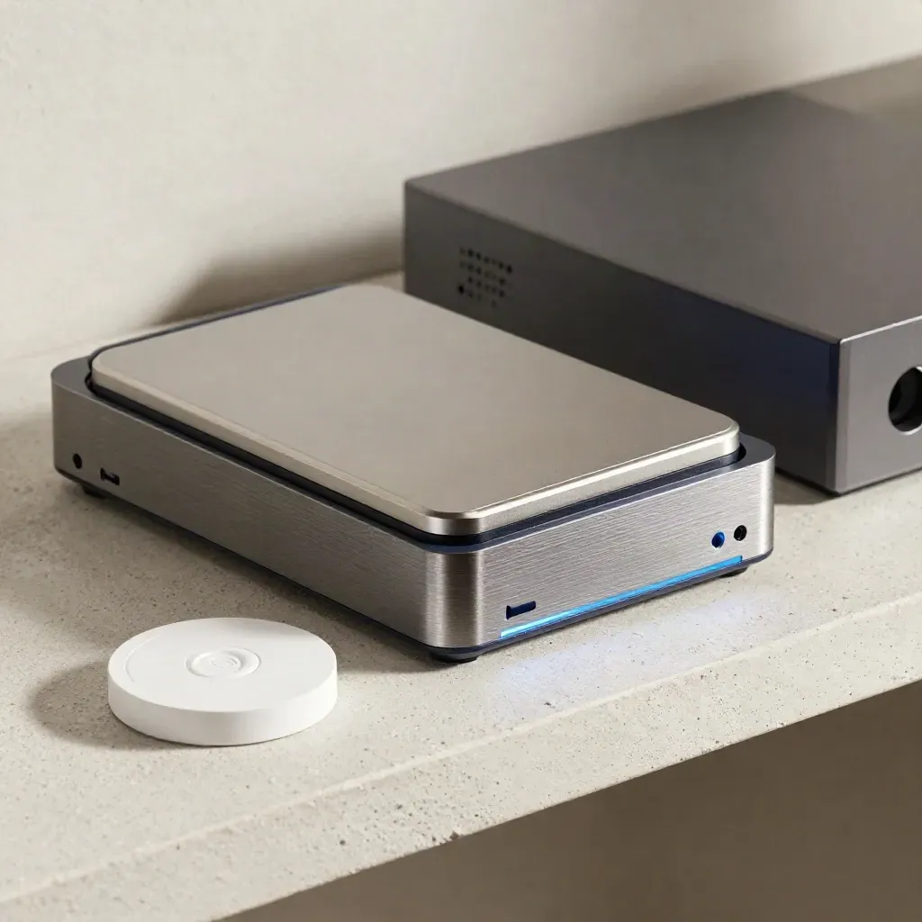 Cloud gateway appliance with backup drives and access token on a concrete shelf.