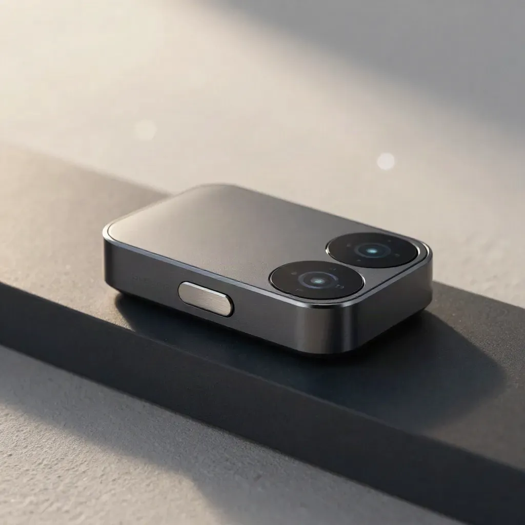 Sensor pod, badge reader, and glowing status modules on a dark shelf