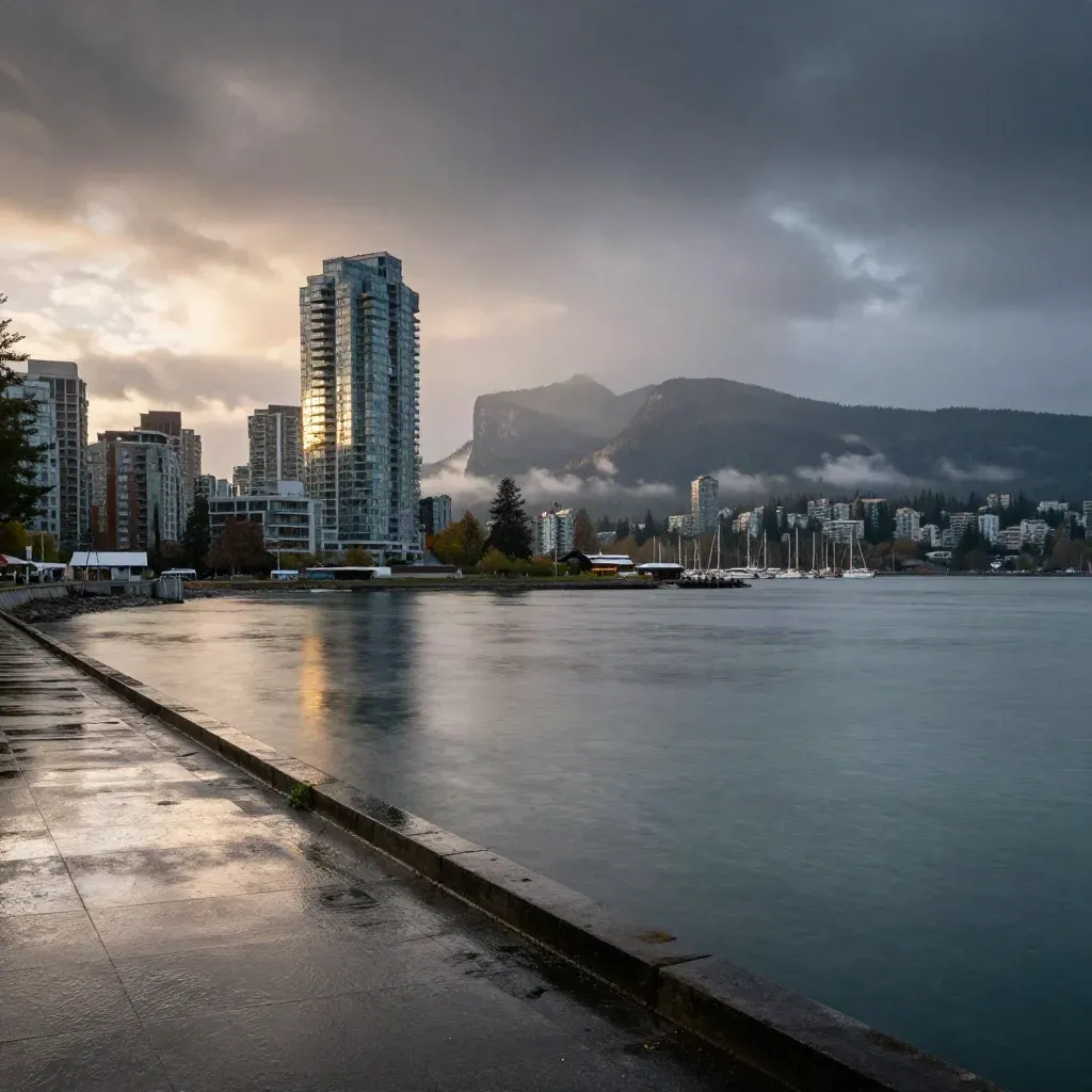 Golden-hour Vancouver harbour with mountains, glass tower, mist, and calm reflective water.