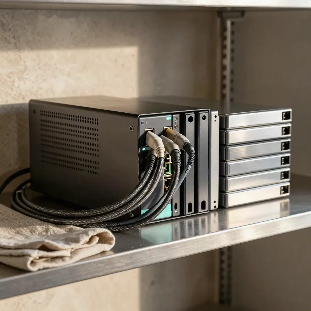 Firewall appliance, braided patch cords, and encrypted drives on a steel shelf