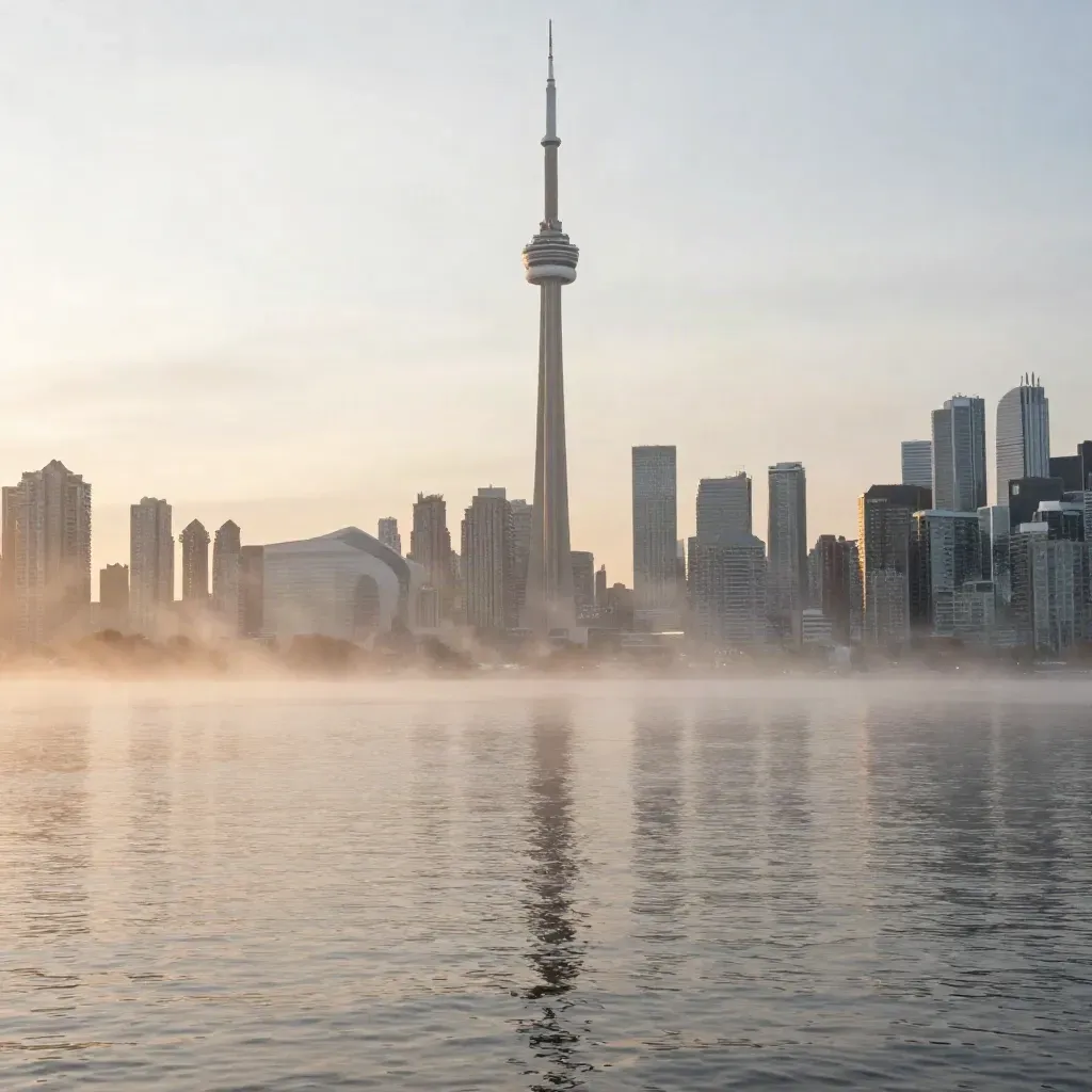 Toronto skyline and CN Tower above calm lake water in pale dawn mist