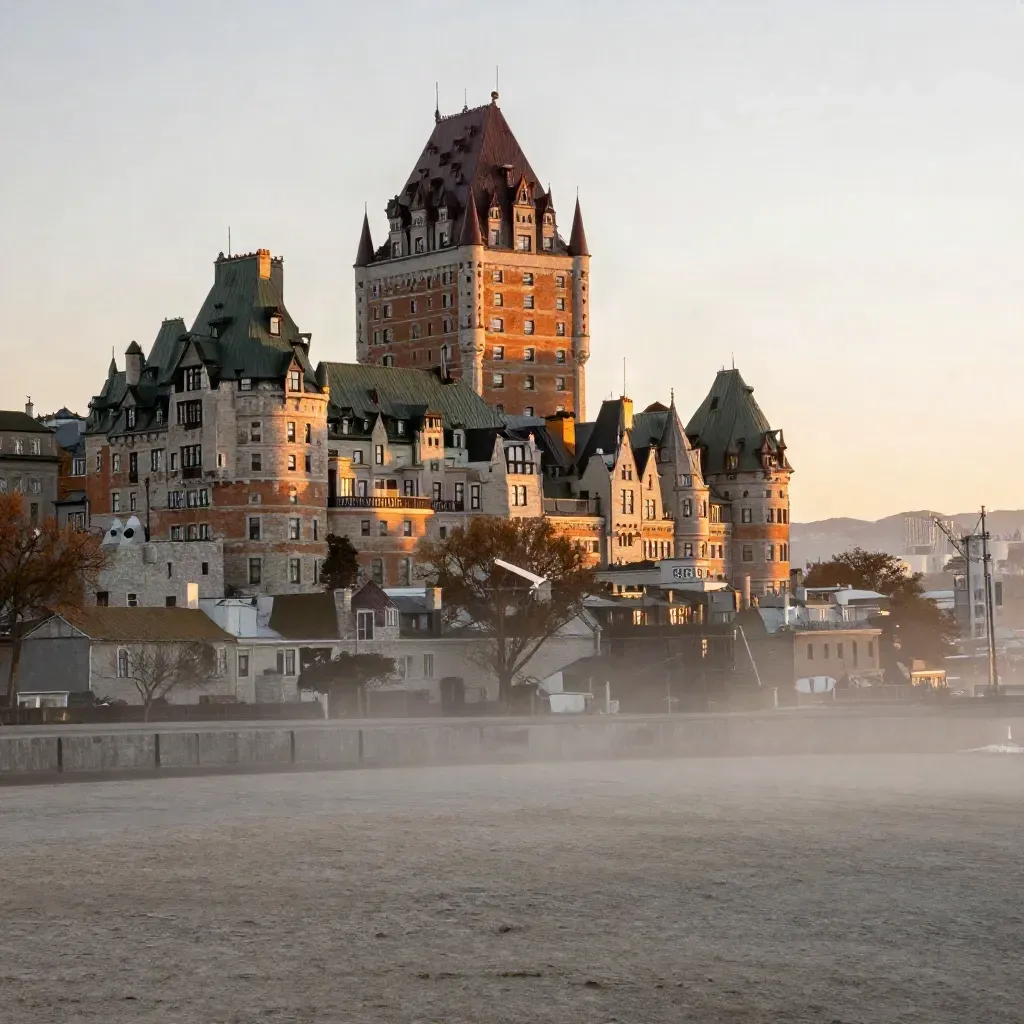 Sunset view of Old Quebec rooftops and Chateau Frontenac above a quiet river haze