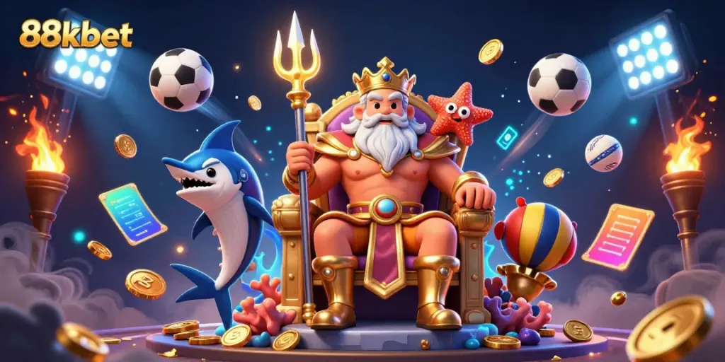 Engage with 88kbet's thrilling casino scene featuring sea king Neptune and dynamic sports betting elements.