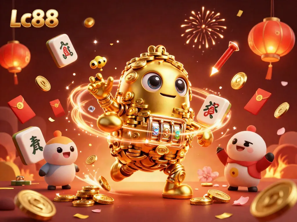Experience the excitement at Lc88 with a golden golem amidst vibrant casino elements.