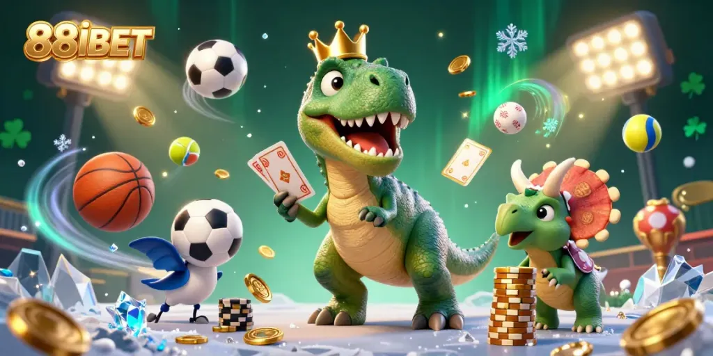 88IBET showcases a lively scene with friendly characters enjoying sports betting and casino games.
