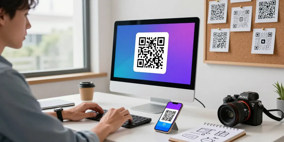 Creating a QR Code Generator Online in a modern workspace with a vibrant QR code displayed on the screen.
