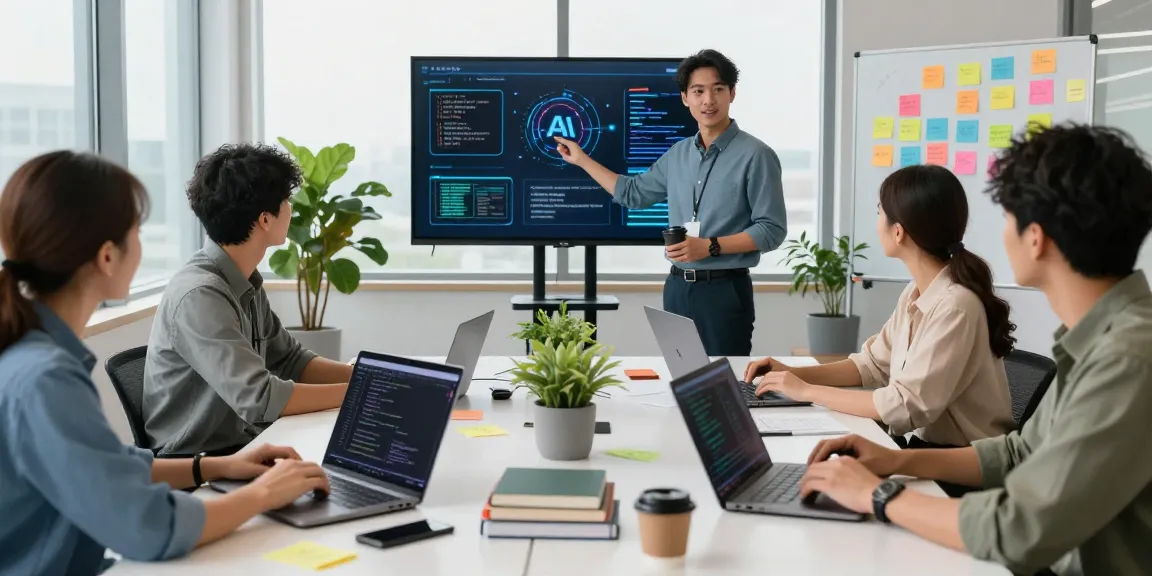 A diverse tech team collaborating on AI development in a modern workspace, showcasing Agent IA software solutions.