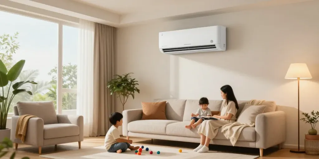 Ductless air conditioner in a modern living room, enhancing family comfort and style.
