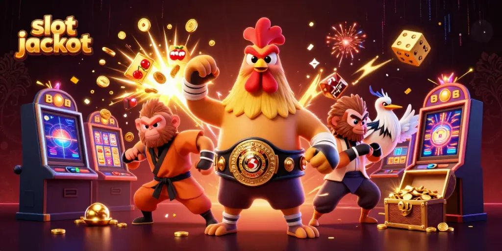 Experience slot jackpot excitement with dynamic characters and casino elements bursting with energy.