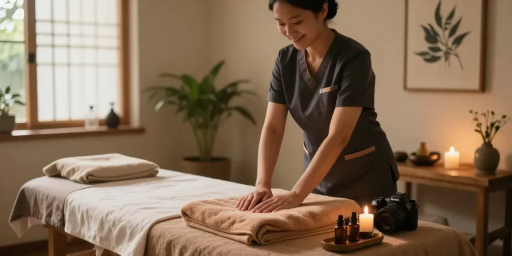 Massage near me Burlington in a relaxing therapy room, showcasing a therapist preparing for a soothing session.