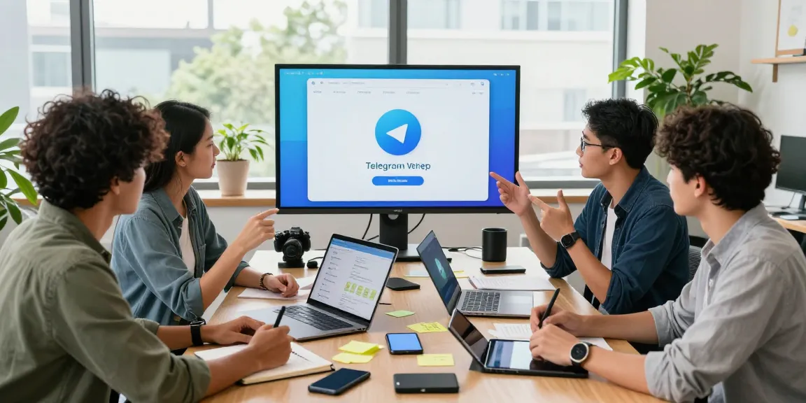 Team collaborating in a modern office showcasing the Telegram Web Version interface and innovative tech applications.
