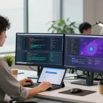 Young professional engaged with WPS Download at a modern workspace.