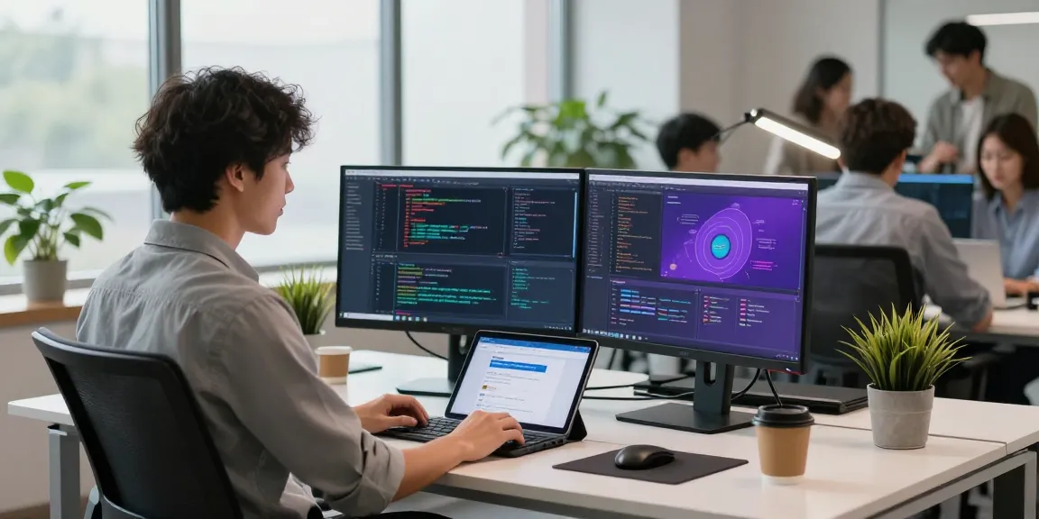 Young professional engaged with WPS Download at a modern workspace.