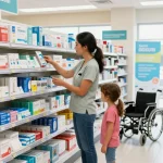 Canadian medical supplies display featuring first aid kits, wheelchairs, and pediatric items in a modern retail setting.