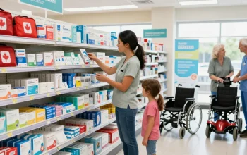 Canadian medical supplies display featuring first aid kits, wheelchairs, and pediatric items in a modern retail setting.