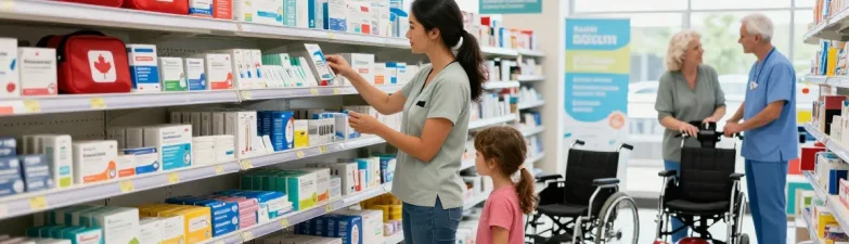 Canadian medical supplies display featuring first aid kits, wheelchairs, and pediatric items in a modern retail setting.