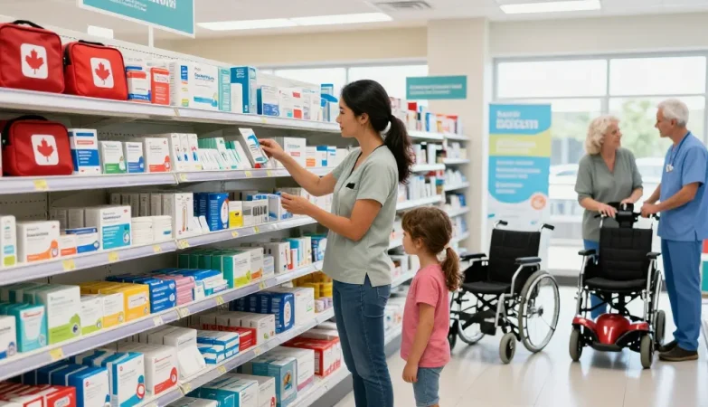 Canadian medical supplies display featuring first aid kits, wheelchairs, and pediatric items in a modern retail setting.